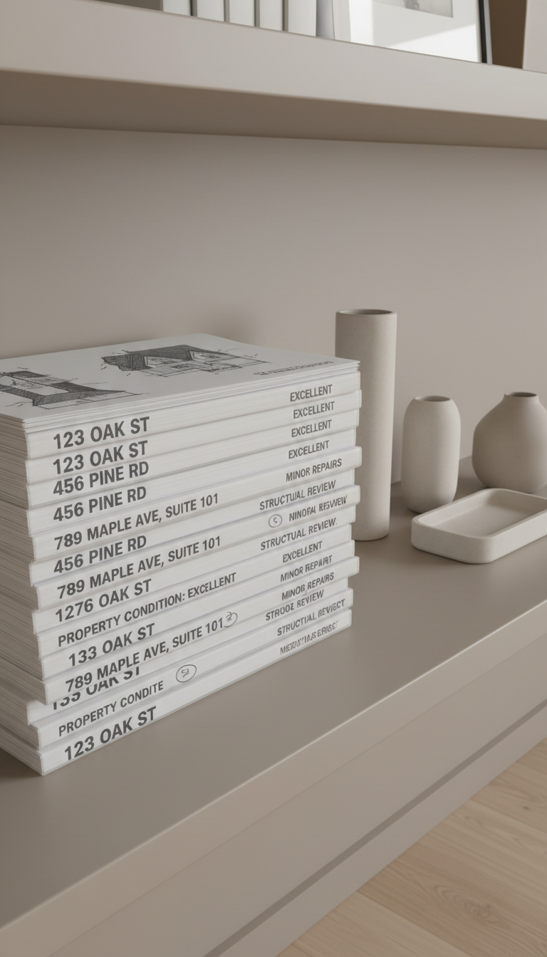 A detailed stack of property evaluation reports bound in clear covers, each meticulously labeled with address details, property sketches, and condition highlights in monochromatic tones. Arranged neatly beside neutral ceramic office decor on a smooth taupe shelving unit. The setting is a serene, executive suite with clean architectural lines and matte finishes. Soft, indirect daylight filters in, producing gentle rim lighting and minimal shadows for high clarity. Captured from a slightly elevated side angle for depth, the composition is balanced and visually structured. The atmosphere feels composed and thorough, perfectly reflecting the trustworthy, comprehensive vetting process key to Vetted Prospect’s lead generation.